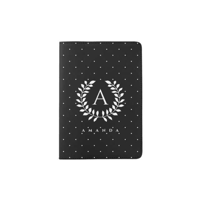 White On Black Laurel Monogram Polka Dot Pattern Passport Holder (Front)
