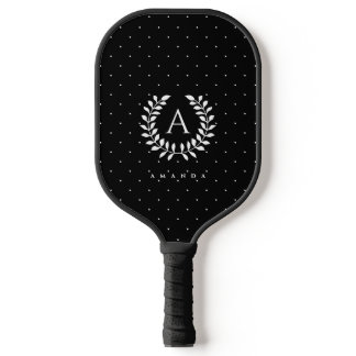 White On Black Laurel Monogram Polka Dot Pattern Pickleball Paddle