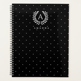 White On Black Laurel Monogram Polka Dot Pattern Planner