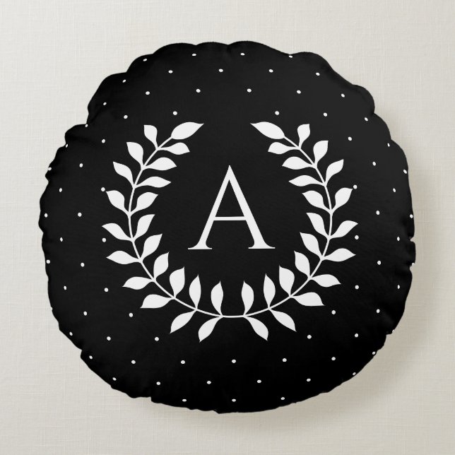 White On Black Laurel Monogram Polka Dot Pattern Round Pillow (Front)
