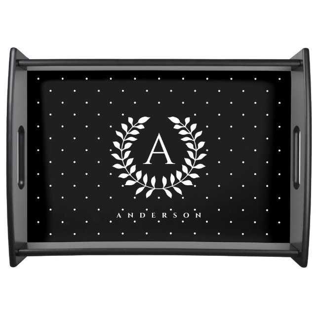 White On Black Laurel Monogram Polka Dot Pattern Serving Tray (Front)