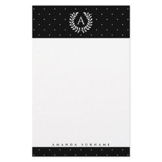 White On Black Laurel Monogram Polka Dot Pattern Stationery