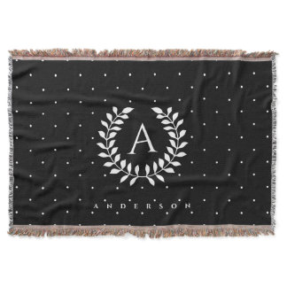 White On Black Laurel Monogram Polka Dot Pattern Throw Blanket