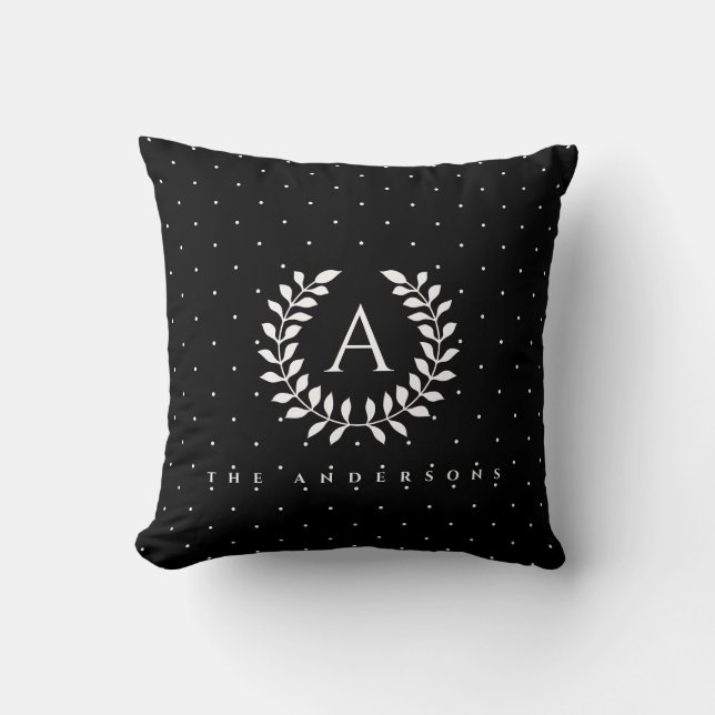 White On Black Laurel Monogram Polka Dot Pattern Throw Pillow (Front)