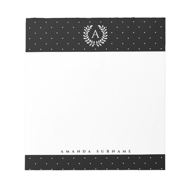 White On Black Laurel Monogram Tiny Polka Dots Notepad (Front)