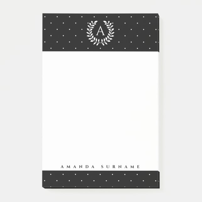 White On Black Laurel Monogram Tiny Polka Dots Post-it Notes (Front)