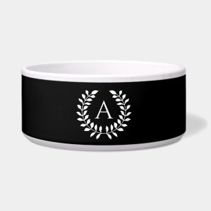 White On Black Laurel Wreath With Custom Monogram Bowl