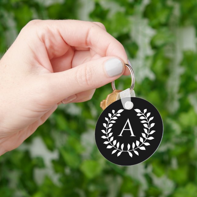 White On Black Laurel Wreath With Custom Monogram Keychain (Hand)