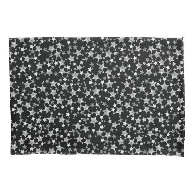 White on Black | Lino Print Stars Pattern Pillow Case (Front-Left)