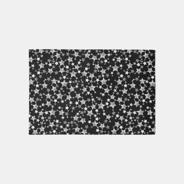 White on Black | Lino Print Stars Pattern Rug (Front)