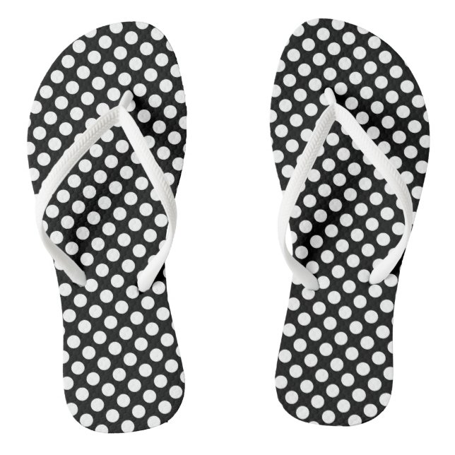 White on Black Medium Size Polka Dots Flip Flops (Footbed)