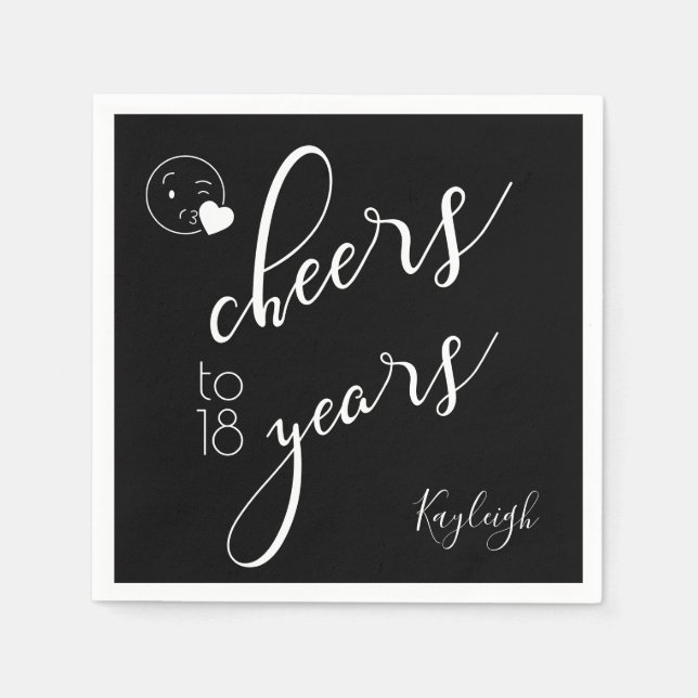 White on Black Modern Text Cheers to 18 Years Napkins (Front)