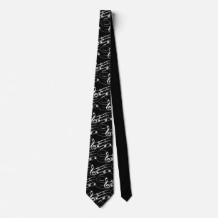 White on Black Music Notes Neck Tie