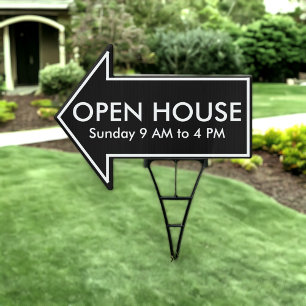 White on Black Open House Arrow Yard Stake Sign