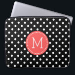 White On Black Polka Dot Coral-red Accents Laptop Sleeve<br><div class="desc">Elegant white polka-dot pattern over customizable black background color. Coral-red circles accent with customizable and optional monogram.</div>
