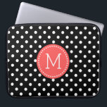 White On Black Polka Dot Coral-red Accents Laptop Sleeve<br><div class="desc">Elegant white polka-dot pattern over customizable black background color. Coral-red circles accent with customizable and optional monogram.</div>