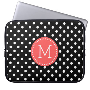 White On Black Polka Dot Coral-red Accents Laptop Sleeve