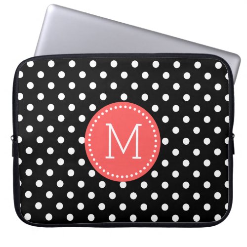 White On Black Polka Dot Coral_red Accents Laptop Sleeve