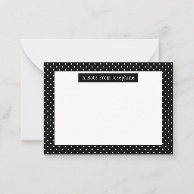 White On Black Polka Dots Pattern Custom Text Note Card (Front)