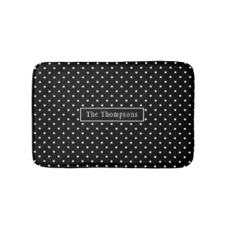 White On Black Polka Dots Pattern With Custom Name Bath Mat