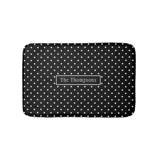 White On Black Polka Dots Pattern With Custom Name Bath Mat (Front)