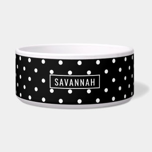 White On Black Polka Dots Pattern With Custom Name Bowl