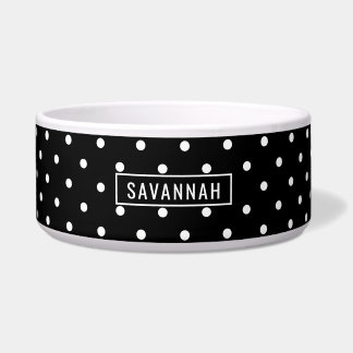 White On Black Polka Dots Pattern With Custom Name Bowl