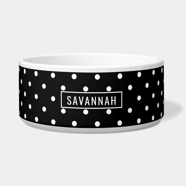 White On Black Polka Dots Pattern With Custom Name Bowl (Front)