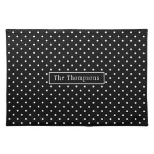 White On Black Polka Dots Pattern With Custom Name Cloth Placemat