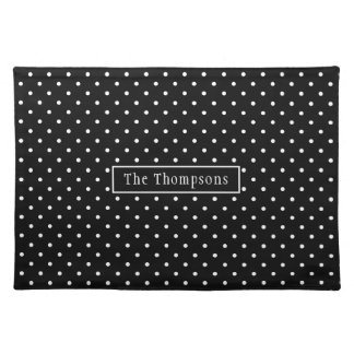 White On Black Polka Dots Pattern With Custom Name Cloth Placemat