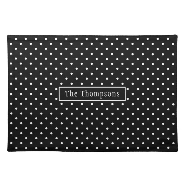 White On Black Polka Dots Pattern With Custom Name Cloth Placemat (Front)