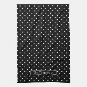 White On Black Polka Dots Pattern With Custom Name Kitchen Towel