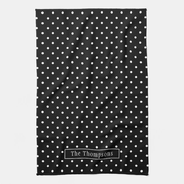 White On Black Polka Dots Pattern With Custom Name Kitchen Towel (Vertical)