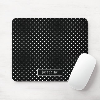 White On Black Polka Dots Pattern With Custom Name Mouse Pad