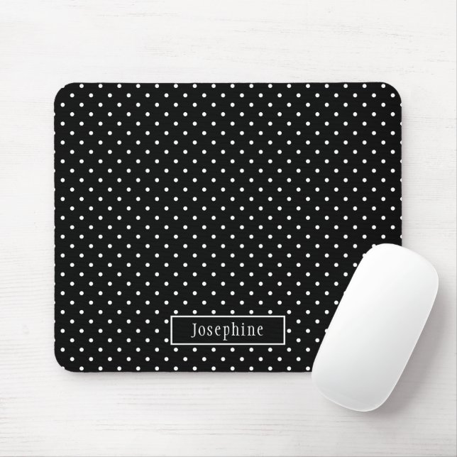 White On Black Polka Dots Pattern With Custom Name Mouse Pad (With Mouse)