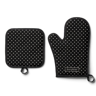White On Black Polka Dots Pattern With Custom Name Oven Mitt &amp; Pot Holder Set