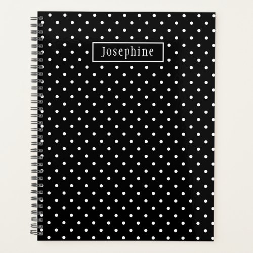 White On Black Polka Dots Pattern With Custom Name Planner