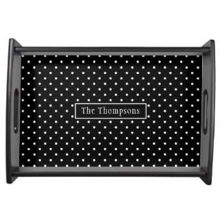 White On Black Polka Dots Pattern With Custom Name Serving Tray