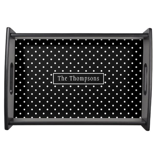 White On Black Polka Dots Pattern With Custom Name Serving Tray (Front)