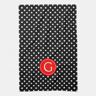 White On Black Polka Dots Red Accent Towel