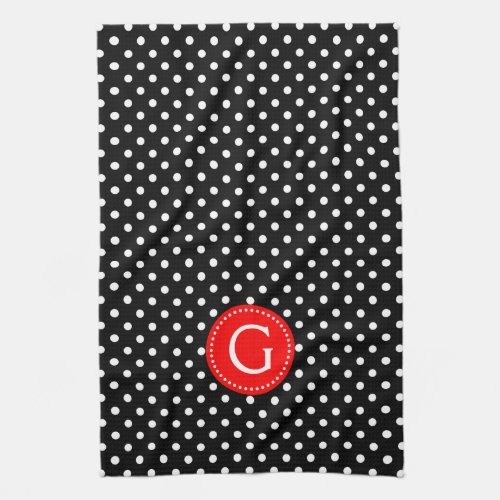 White On Black Polka Dots Red Accent Towel