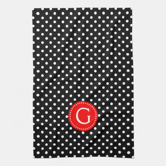 White On Black Polka Dots Red Accent Towel (Vertical)