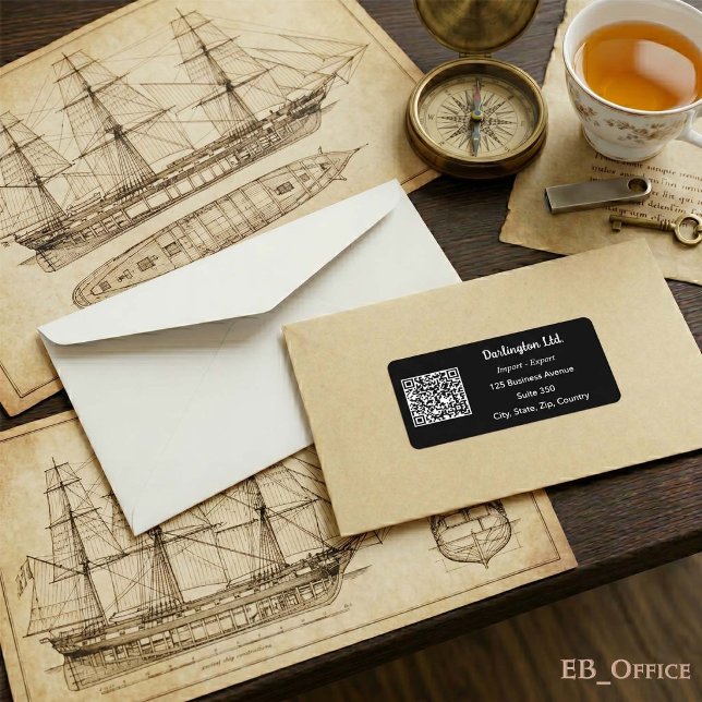 White on Black Script Business QR Code Address Label (Minimalist QR Code Labels: 
2.375” L x 1.25” W
•	18 labels per sheet
•	Sheet: 8.5” L x 11” W
)