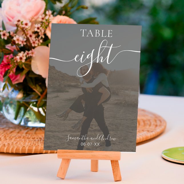 White on black script names photos wedding  table number (Creator Uploaded)