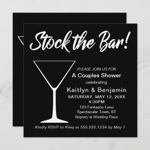 White on Black Stock the Bar Script Couples Shower Invitation