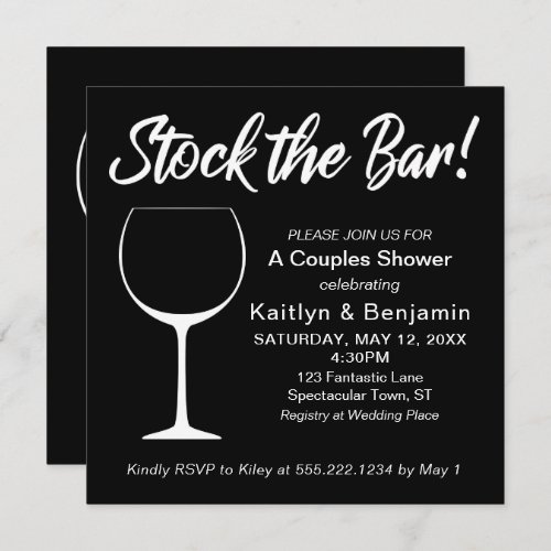 White on Black Stock the Bar Script Couples Shower Invitation