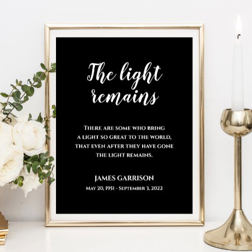 White On Black The Light Remains Quote Memorial Poster