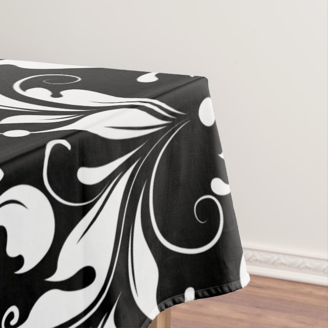 White On Black Vintage Floral Damasks Tablecloth (In Situ)