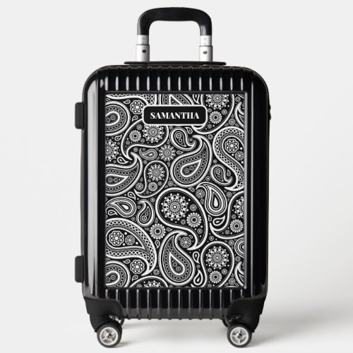 White on Black Vintage Paisley Pattern Monogram Luggage