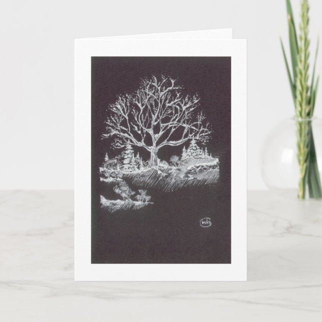 White on Black Winter Landscape Drawing Holiday Card (Front)